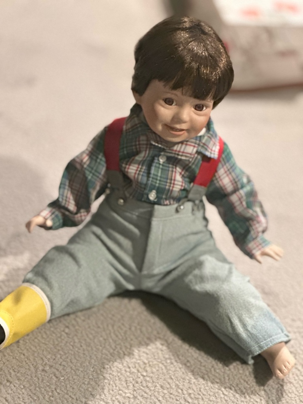 Danbury Mint David Porcelain Doll in Plaid Shirt with Red Suspenders